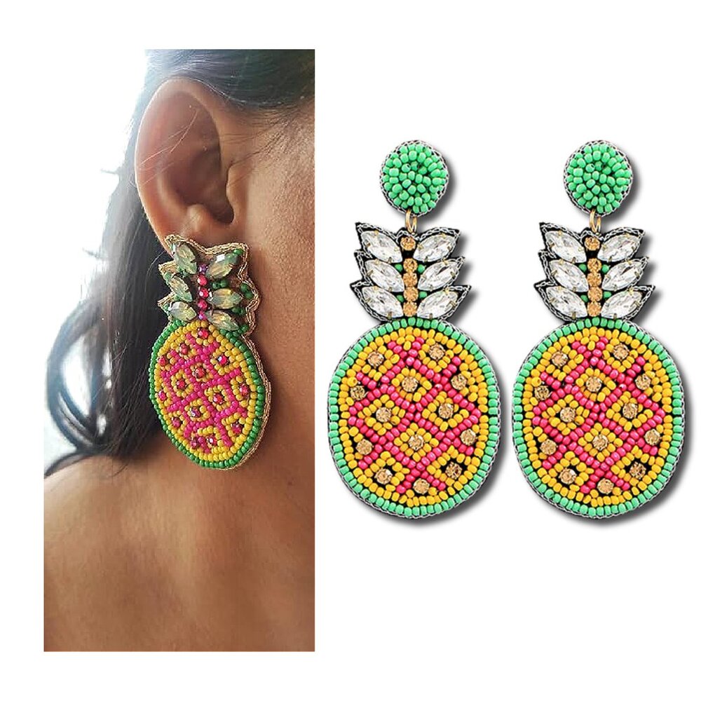 Pineapple Fruit Theme Seed Beaded Pink Yellow Summer Vibe Seed Bead Earrings NEW - Picture 2 of 2